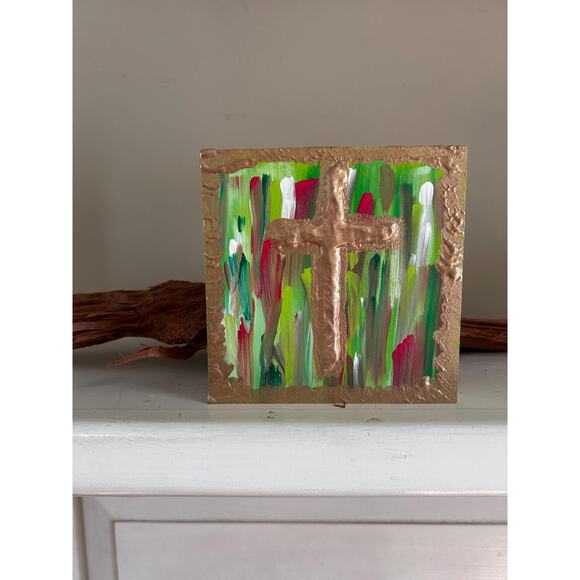 Gold Cross Wood Hand Painted Wall Art 5x5 Block Raised Cross Christmas Style - Picture 3 of 9